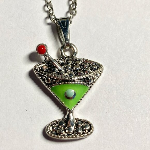 Martini Cocktail Drink Cup Glass Charm Necklace Pendant Green Enamel 18" Chain - Picture 2 of 9